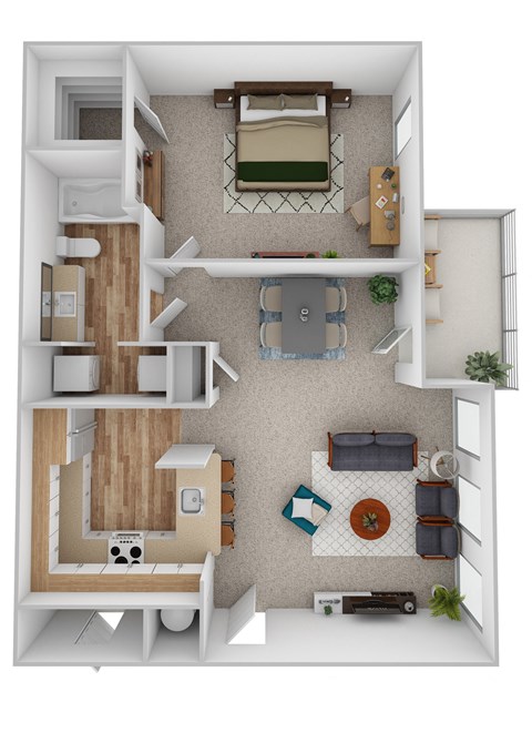 a stylized floor plan with a bedroom and living room